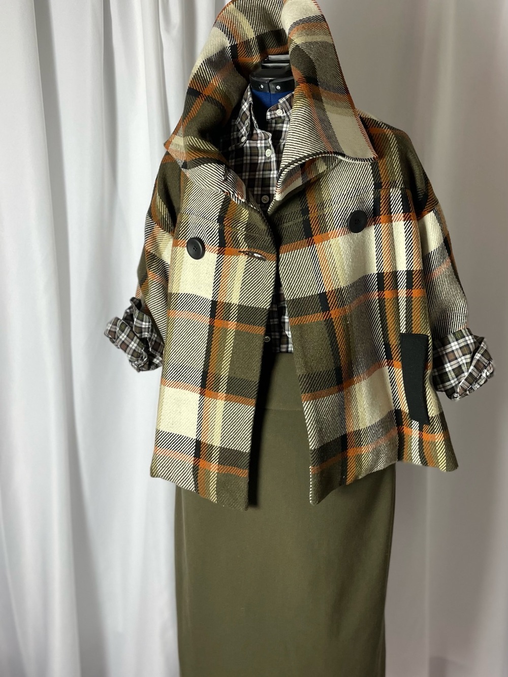 Plaid Wool-Blend Short Coat in Olive & Cream